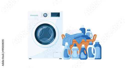 A closed washing machine stands beside a laundry basket filled with clothes and detergent bottles.