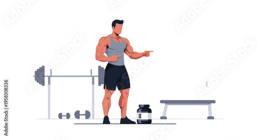 A muscular man in a tank top points with both hands, with a protein tub and gym equipment nearby.
