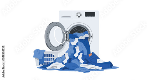 A front-loading washing machine with its door open overflows with blue and white laundry onto the floor.