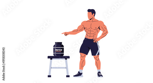 A muscular shirtless man points at a protein powder tub on a stool against a white background.