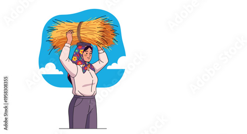 A cartoon woman carries a large bundle of hay on her head, standing side-facing against a blue sky with clouds.