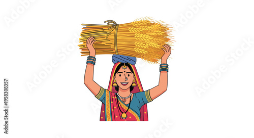 A smiling cartoon Indian woman in traditional attire carries a large bundle of golden wheat on her head.