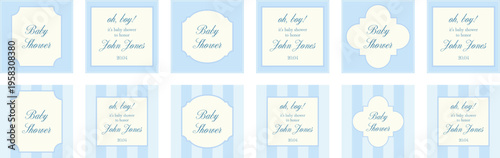 Set of elegant baby shower invitation templates in soft blue tones with vintage frames and striped backgrounds. Classic typography layouts for cards, announcements, stationery and event branding
