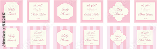 Set of elegant baby shower invitation templates in soft pink tones with vintage frames and striped backgrounds. Feminine layouts for girl announcements, greeting cards, stationery and event branding