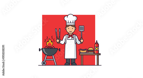 A cartoon chef is grilling food with a hot dog and burger on a table against a red and white background.