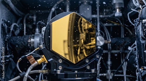 Macro view of a hexagonal beryllium mirror segment for a space telescope, completely coated in a highly reflective gold film with frost.
