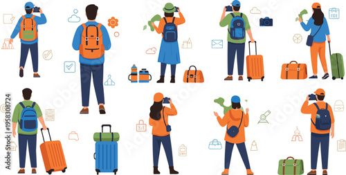 Travelers and tourists vector set with backpacks, suitcases, maps and cameras, people exploring destinations, adventure travel lifestyle illustration collection
