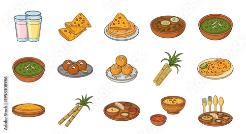 Traditional Indian food icons set, Punjabi cuisine and Lohri festival dishes vector, flat cartoon style South Asian meals and sweets collection