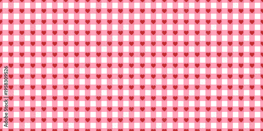 Fototapeta premium Seamless red gingham pattern with a soft coquette cottagecore feel. Classic checkered background with hearts for fabric, wallpaper, wrapping paper, textiles, stationery, and surface prints.