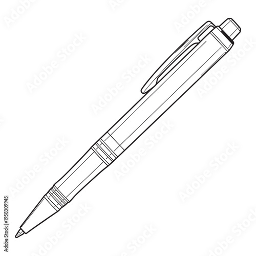 Line art illustration of a retractable ballpoint pen, depicted with a clip and a textured grip, ready for writing.