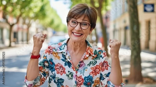 A joyful senior woman celebrating with fists raised in a sunny urban street