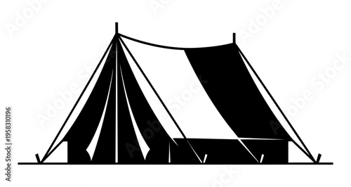 Black and white illustration of a classic camping tent with ropes and stakes, ready for outdoor adventure.