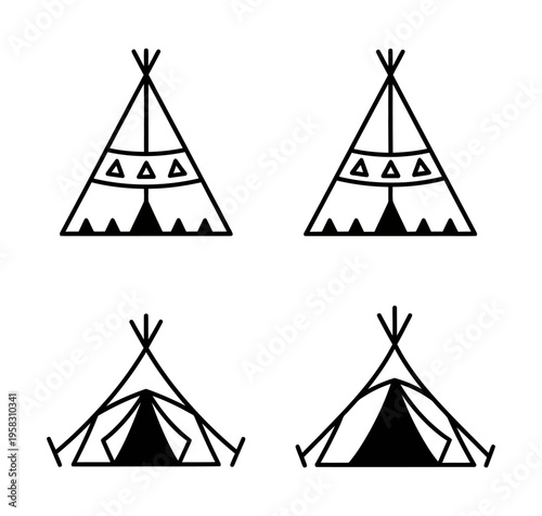 Four minimalist black and white line art illustrations of teepees or tents, two with decorative patterns and two with open entrances, suitable for icons or logos.