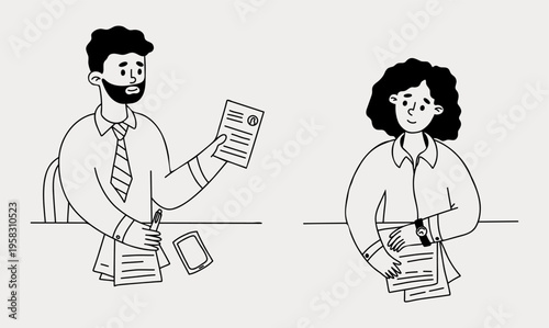 Recruitment Concept. HR Manager Holding Resume and Female Candidate Waiting for Interview. Outline Doodle hand-drawn. Vector illustration