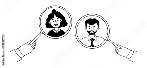 HR Management Choosing Between Male and Female Candidates for Employment with Magnifying Glass. Outline Doodle hand-drawn. Vector illustration