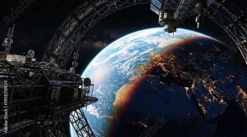 Magnificent view of Earth's terminator line from space, heavily framed by the intricate metallic truss and fluid lines of a spaceport.