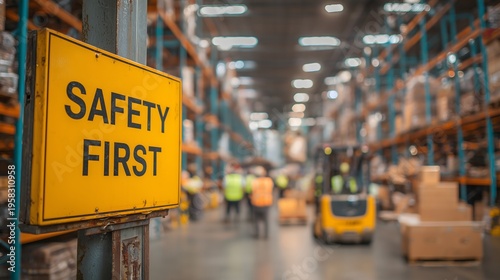 Safety first sign in warehouse with blurred industrial background, workplace safety awareness concept, logistics and factory environment with workers and equipment