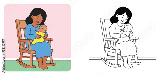 African American mother holding baby in rocking chair illustration color and outline coloring page