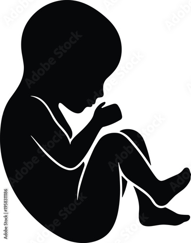 Black silhouette of a human fetus in womb position isolated on white background symbol of pregnancy embryonic development prenatal care life and motherhood growth