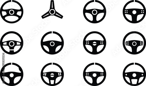 Car steering wheel icon set featuring various automotive control symbols for vehicle driving transportation interior dashboard design racing sport and transport navigation equipment icons