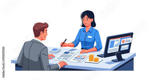 Business meeting between a man and a woman at a desk.