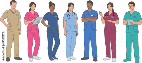 Set of diverse healthcare professionals and medical staff wearing colorful scrubs and holding medical equipment isolated on white.