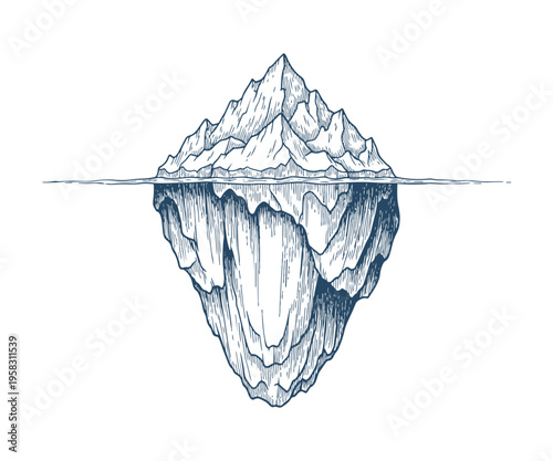 Iceberg, detailed hand drawn illustration of hidden underwater part and visible peak