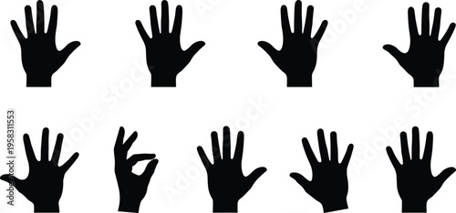 Human hand silhouettes set featuring various gestures open palms fingers and ok sign for communication partnership help community support voting reaching and teamwork symbols