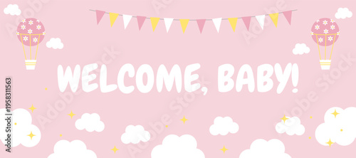 Banner for congratulating a newborn with a pink background, a balloon, clouds, and stars