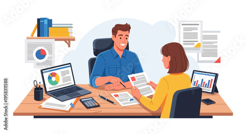 Business meeting between man and woman at office desk.