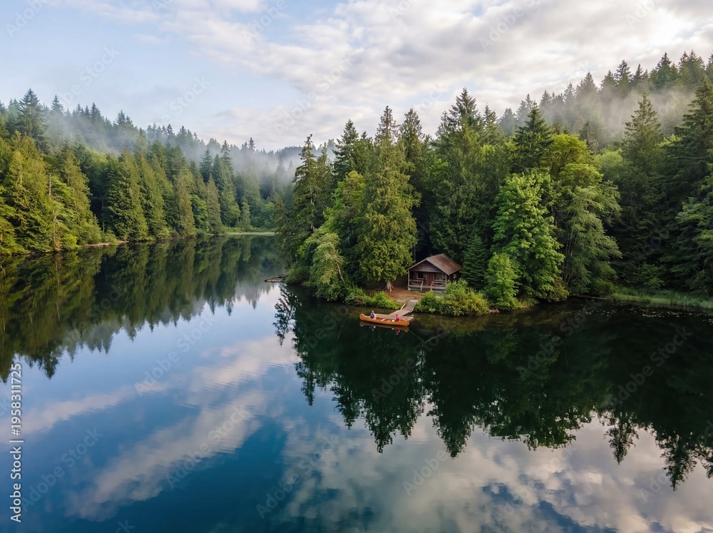 Obraz premium Scenic tranquil lake surrounded by lush green forest with a cozy cabin and a small wooden boat in the calm waters reflecting the sky and trees