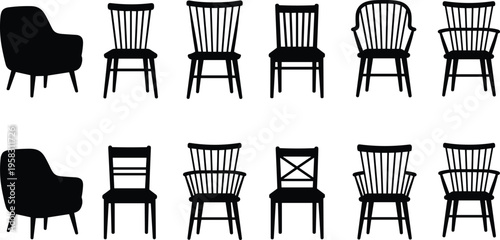 Modern and vintage chair silhouette icons set featuring wooden furniture armchair dining chairs and interior decor symbols for home office living room and house furnishing
