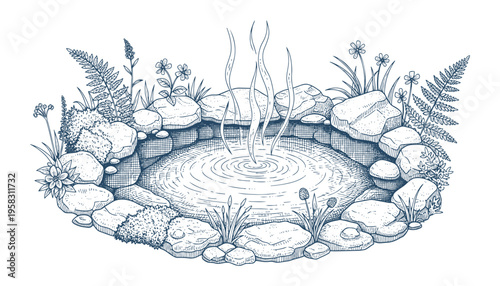 Decorative garden pond illustration with rocks and plants, vector art for nature design