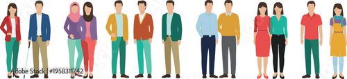 Set of diverse men and women standing in pairs and individually, including a person with a visual impairment using a cane, isolated on white.
