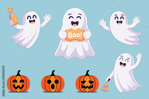 Funny halloween ghost characters and carved pumpkins set with boo sign for festive holiday designs