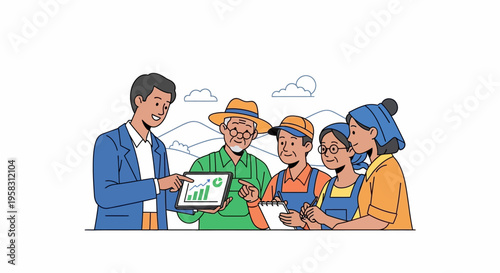 Business meeting with farmers discussing agricultural growth on tablet.