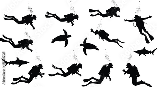 Scuba diving silhouette set featuring divers with oxygen tanks bubbles sea turtles and sharks for underwater exploration ocean sports marine life and deep sea adventure