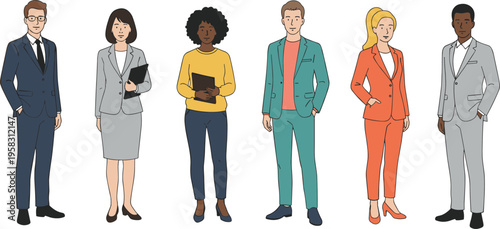 Set of diverse professional men and women in business attire seen from behind in standing positions isolated on white background.