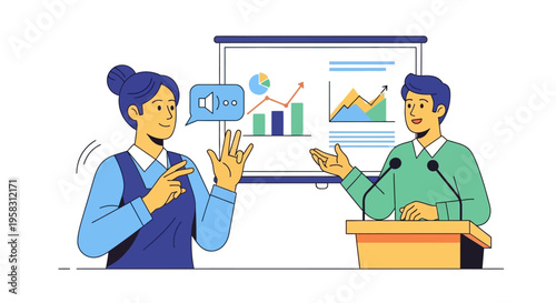 Business Meeting With Sign Language Interpreter Presenting Data.