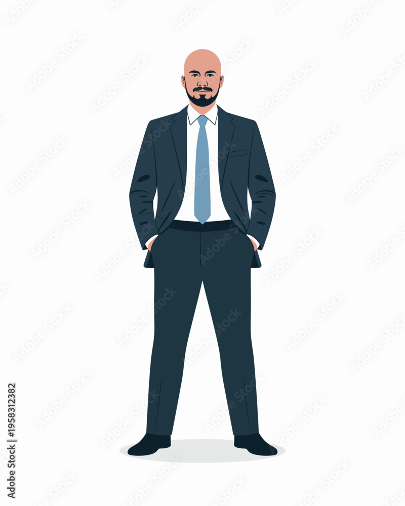 Obraz premium Confident bald businessman wearing a professional dark navy suit and light blue tie standing with hands in pockets isolated on white background depicting corporate success leadership ambition career g