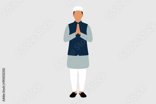 A flat vector illustration of an Indian man wearing a traditional Kurta pajama with a Nehru vest, performing a Namaste greeting gesture, representing culture, unity, hospitality, and peaceful interact