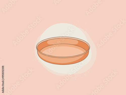 Minimalist vector illustration of a round copper baking tray or professional culinary roasting pan isolated on a soft peach background, perfect for food preparation, restaurant menus, kitchenware desi