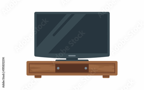 Minimalist flat screen television display sitting on a rustic wooden media console stand isolated on a clean white background, digital home entertainment setup design, interior living room styling con