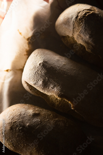 Golden brown ciabatta bread loaves fresh from the oven, dusted with flour and placed on parchment paper. Rustic homemade bakery scene with warm tones and soft textures.