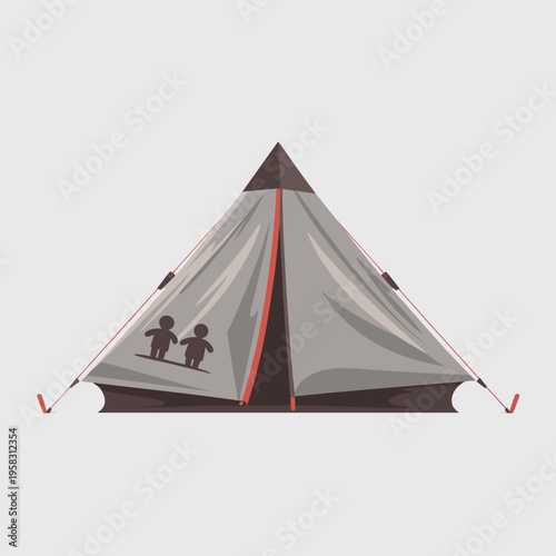 Minimalist vector illustration of a grey camping tent with a family icon print, representing outdoor recreation adventures, family travel, wilderness exploration, holiday vacation trips and hiking act
