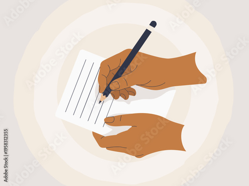 A person with tanned skin holding a pencil writing on white paper documents, showing a dedicated professional study session, creative workspace activity, educational progress, learning, task managemen