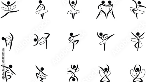 Set of abstract ballet and contemporary dance silhouettes with elegant black lines isolated on white for performing arts studio logos and vector illustrations