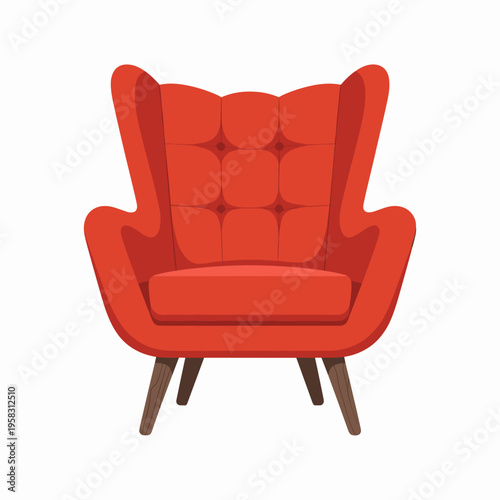 Vibrant red velvet wingback armchair with tufted upholstery and tapered wooden legs isolated on a white background, representing modern home interior design, comfortable living room furniture for cozy