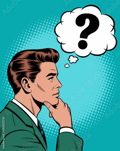 Retro comic book style portrait of a thoughtful young man in a green business suit touching his chin while pondering a big question with a thought bubble above his head, isolated on a blue halftone ba