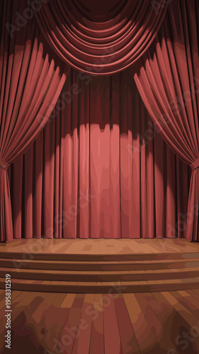 A grand theater stage features heavy flowing red velvet curtains draped beautifully over a polished wooden platform with circular steps perfect for theatrical performances, dramatic plays, musical eve
